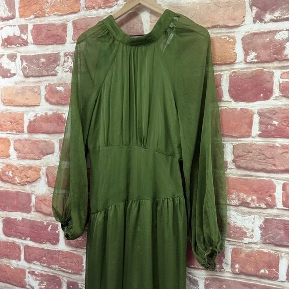Petal & Pup Dress Womens L Olive Green Chiffon Sleeve Tiered Maxi Peasant Sleeve - Picture 4 of 9